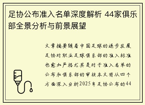 足协公布准入名单深度解析 44家俱乐部全景分析与前景展望